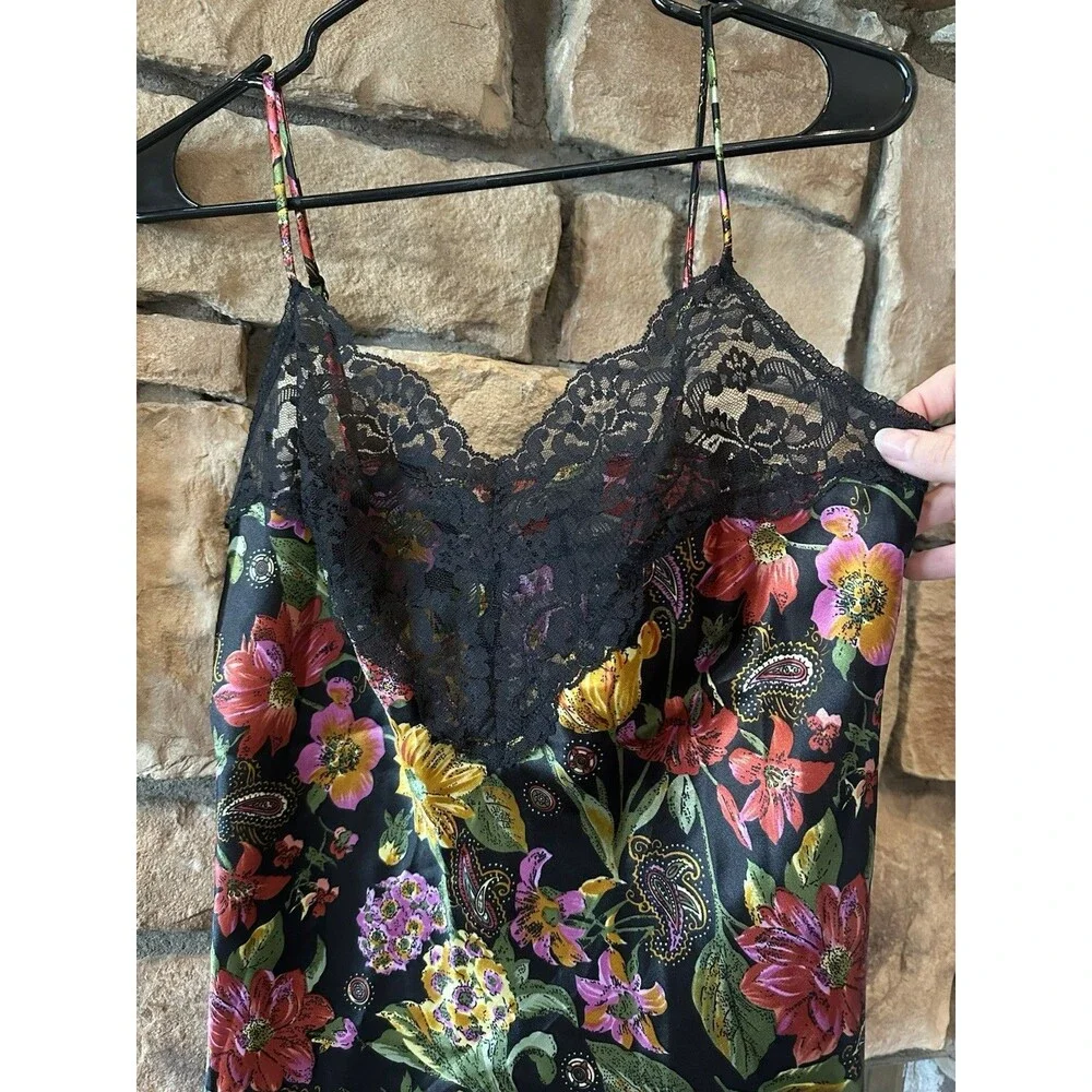 VTG 90s Vanity Fair Cami Tank Top Sz 34 Floral Paisley Black Lace USA Satin M/L